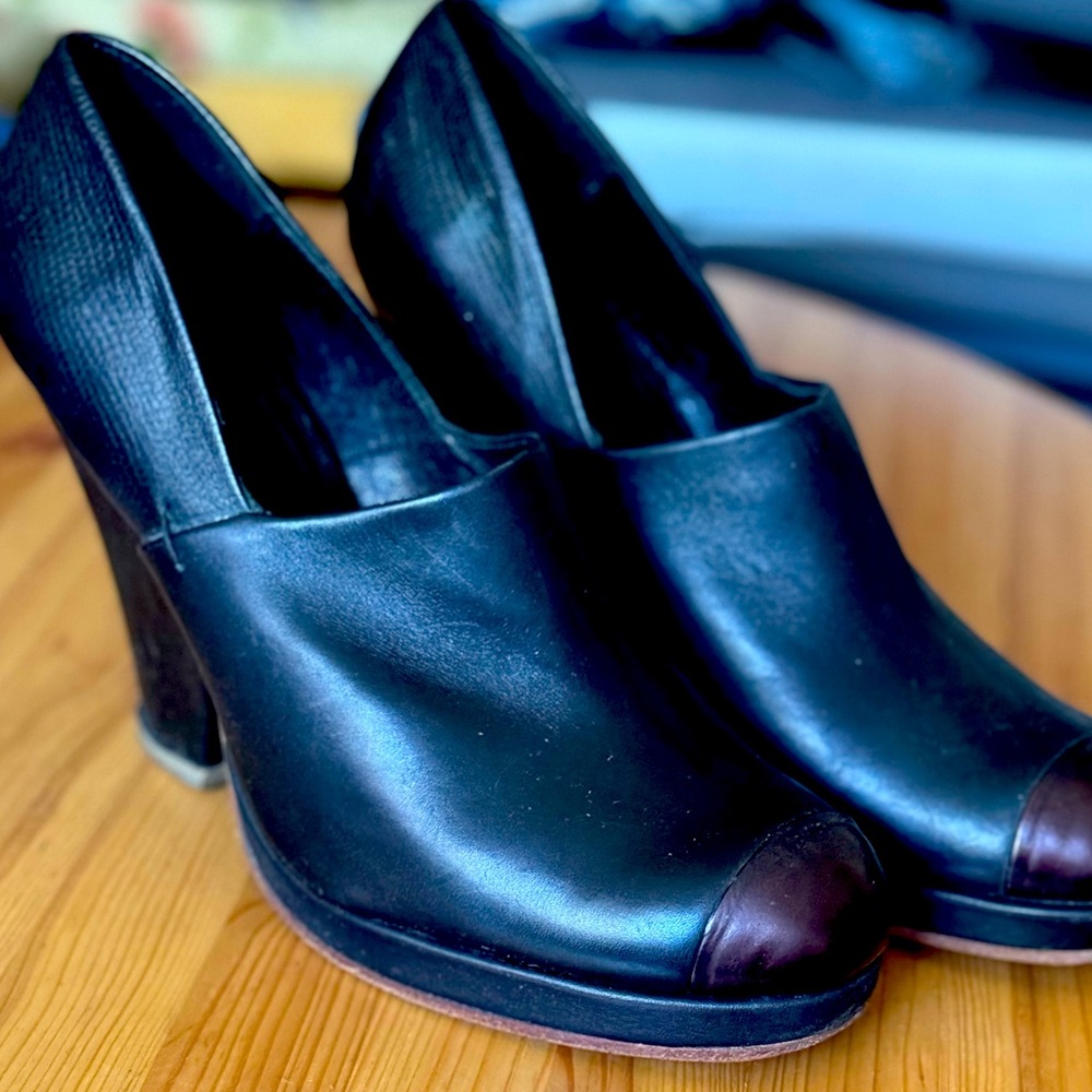 Rachel Comey shoes with chunky heels, animal skin print heel details, and leathe